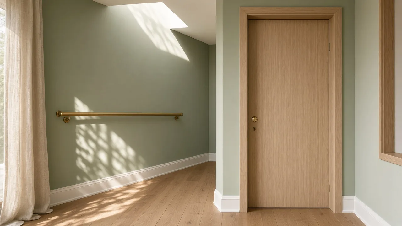 Sage hallway with brass handrail and wide clear path
