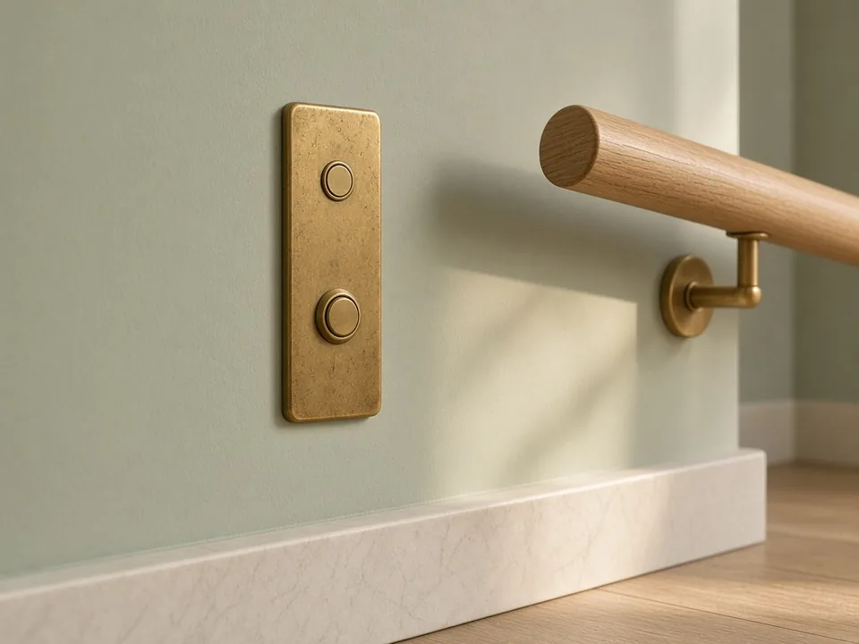 Brass call buttons beside oak handrail on sage wall