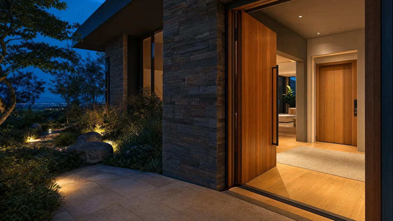 Zero-step entry into a warmly lit foyer with elevator door