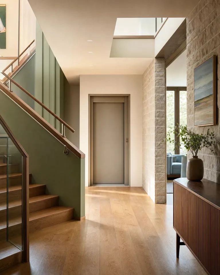 Residential hallway with discreet home elevator and oak staircase