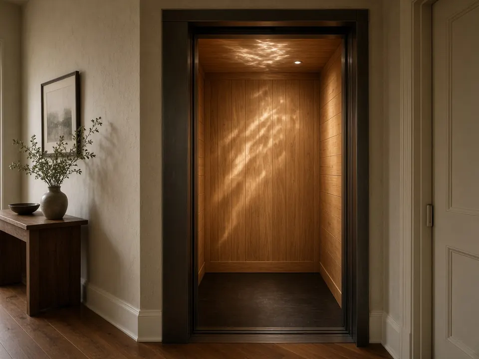 Residential home elevator with wood-lined cabin and doors open