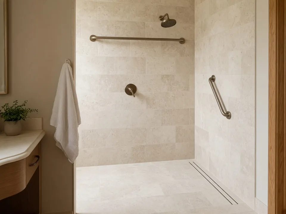 Curbless roll-in shower with bronze grab bars