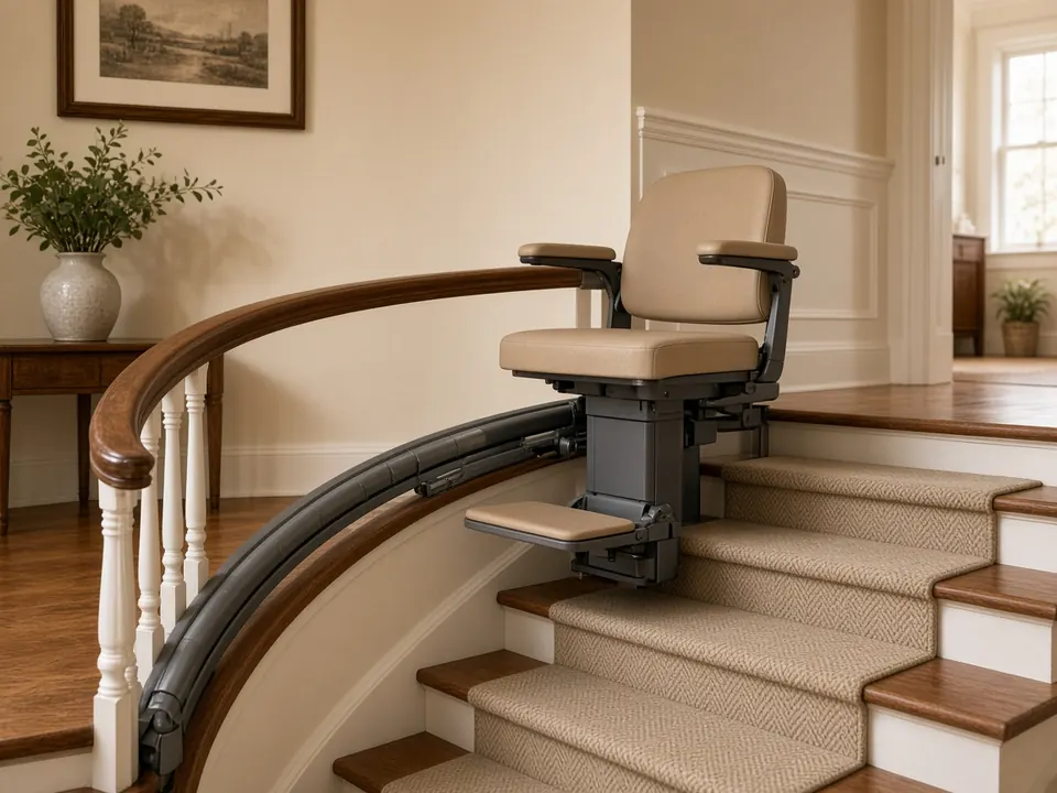 Stair lift chair on a curved residential staircase