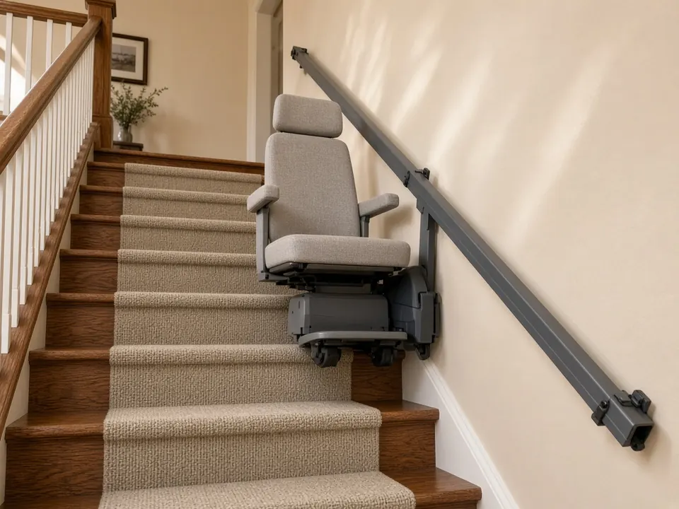 Stair lift chair on a straight residential staircase
