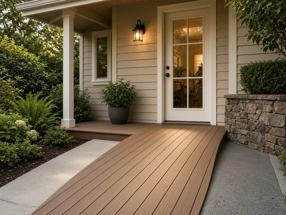 Zero-step wood ramp at a residential front door