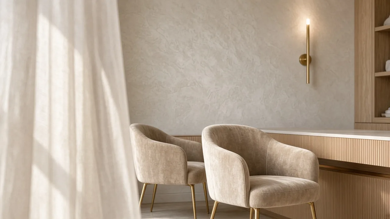Quiet consultation suite with champagne seating and warm oak detail