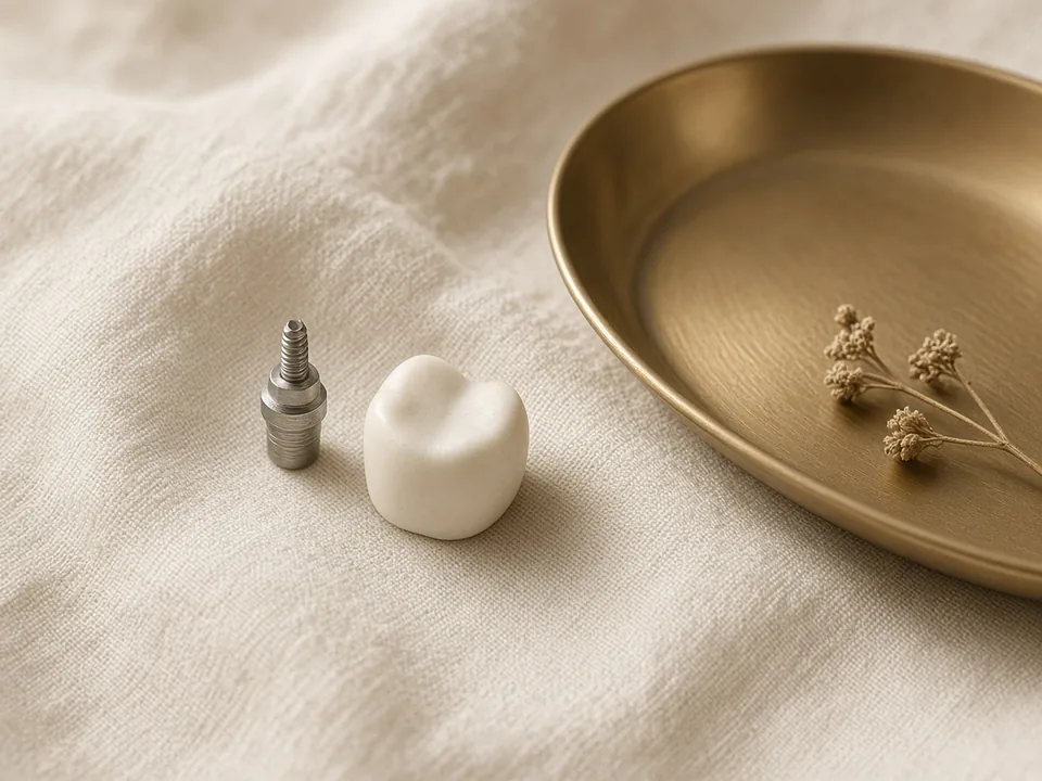 Matte ceramic crown and implant abutment on ivory linen