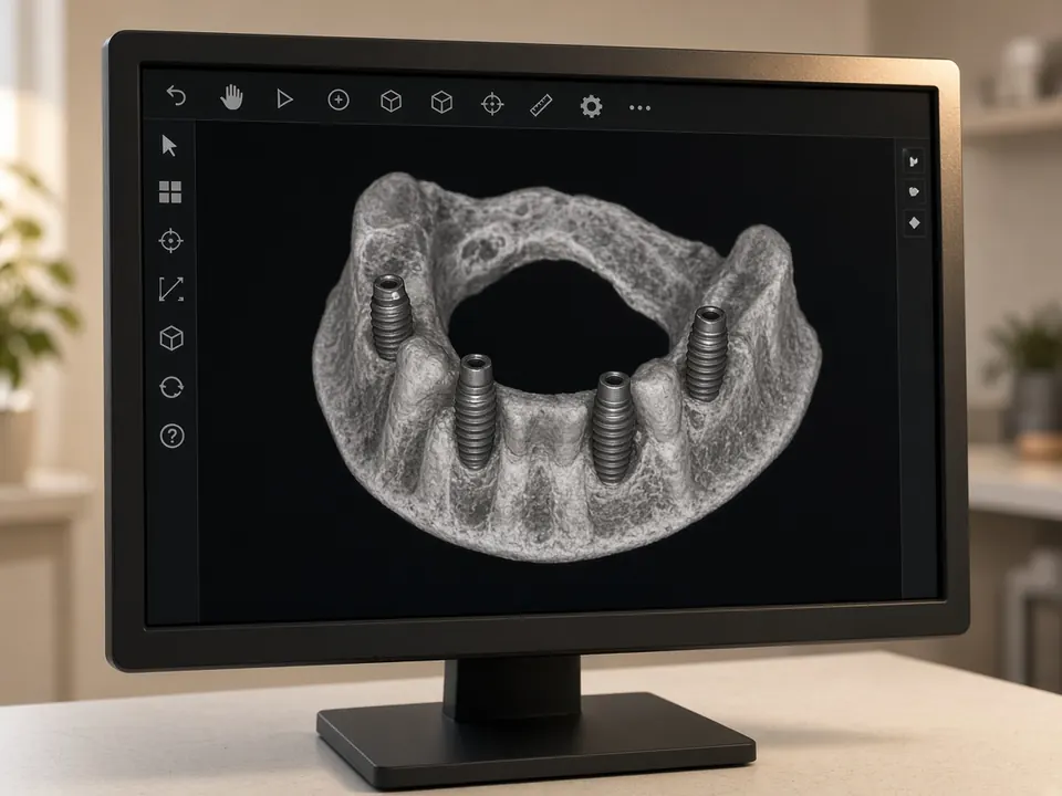 3D implant planning view on a clinic monitor