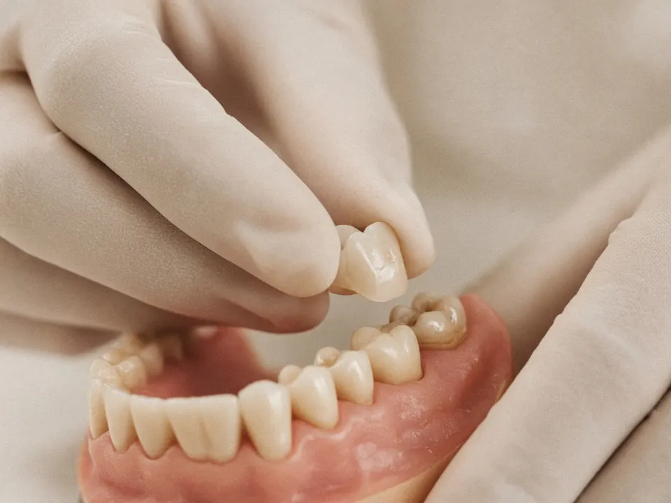 Gloved hands placing a ceramic crown on a jaw model