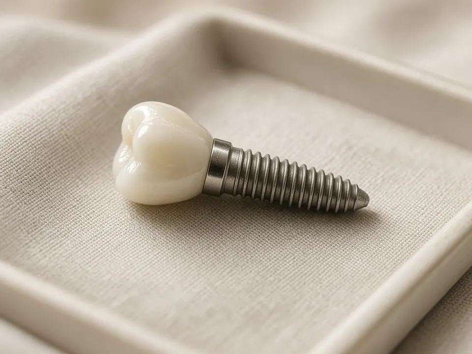 Titanium implant post with ceramic crown model on linen
