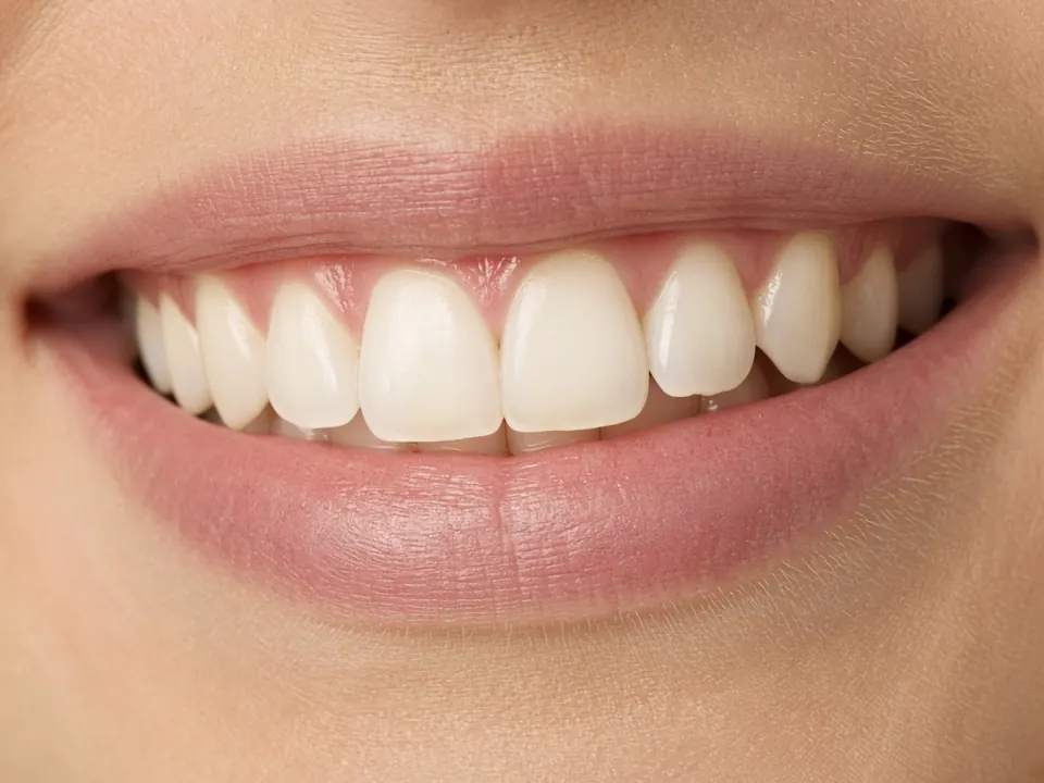 Close crop of lips and teeth after restorative treatment