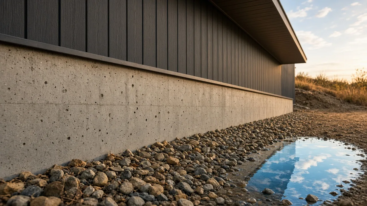 Cast concrete foundation wall meeting river-rock drainage at golden hour