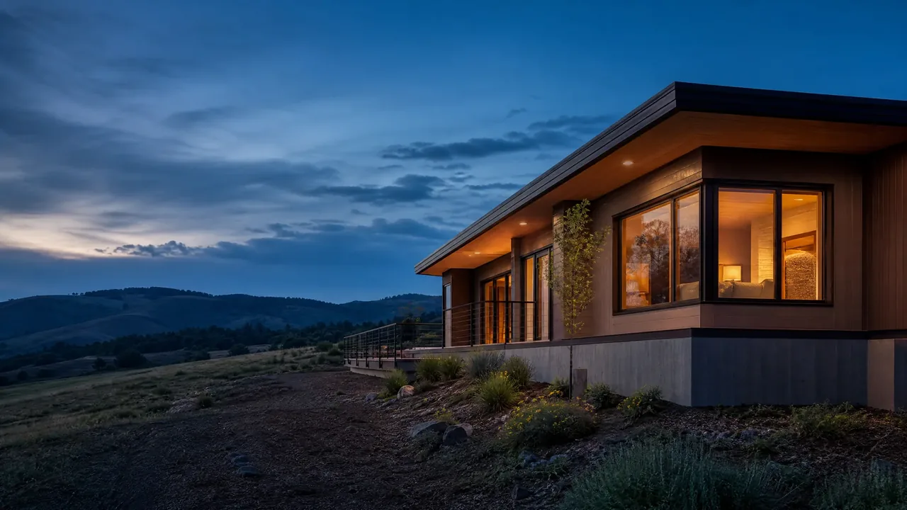 Contemporary home at dusk with visible foundation line