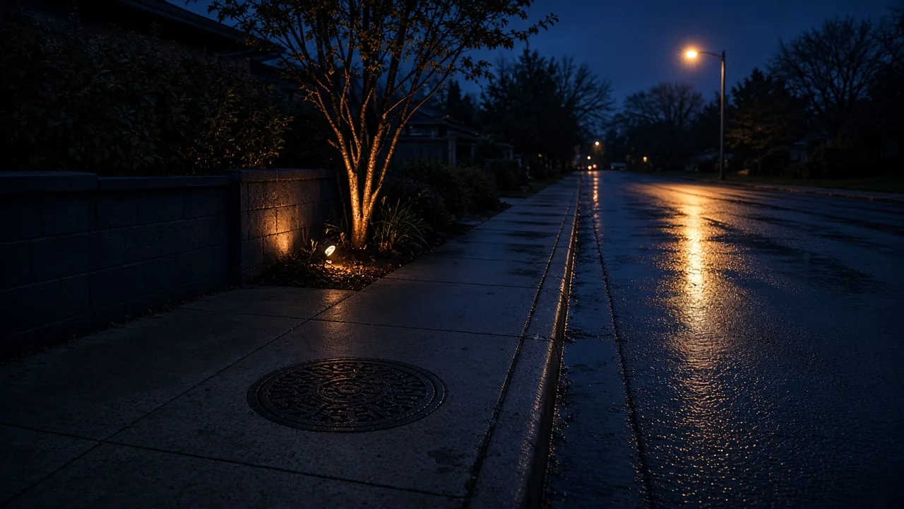Wet night curb with manhole cover and copper landscape light