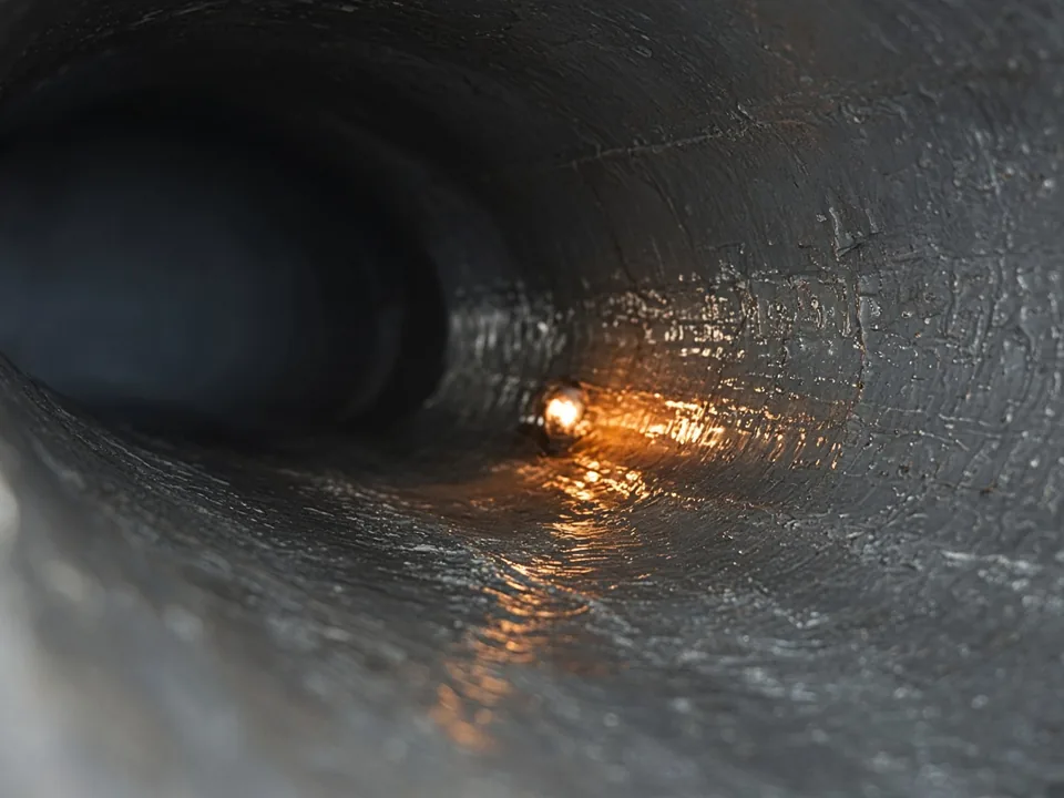 Interior view of cured pipe liner with inspection light