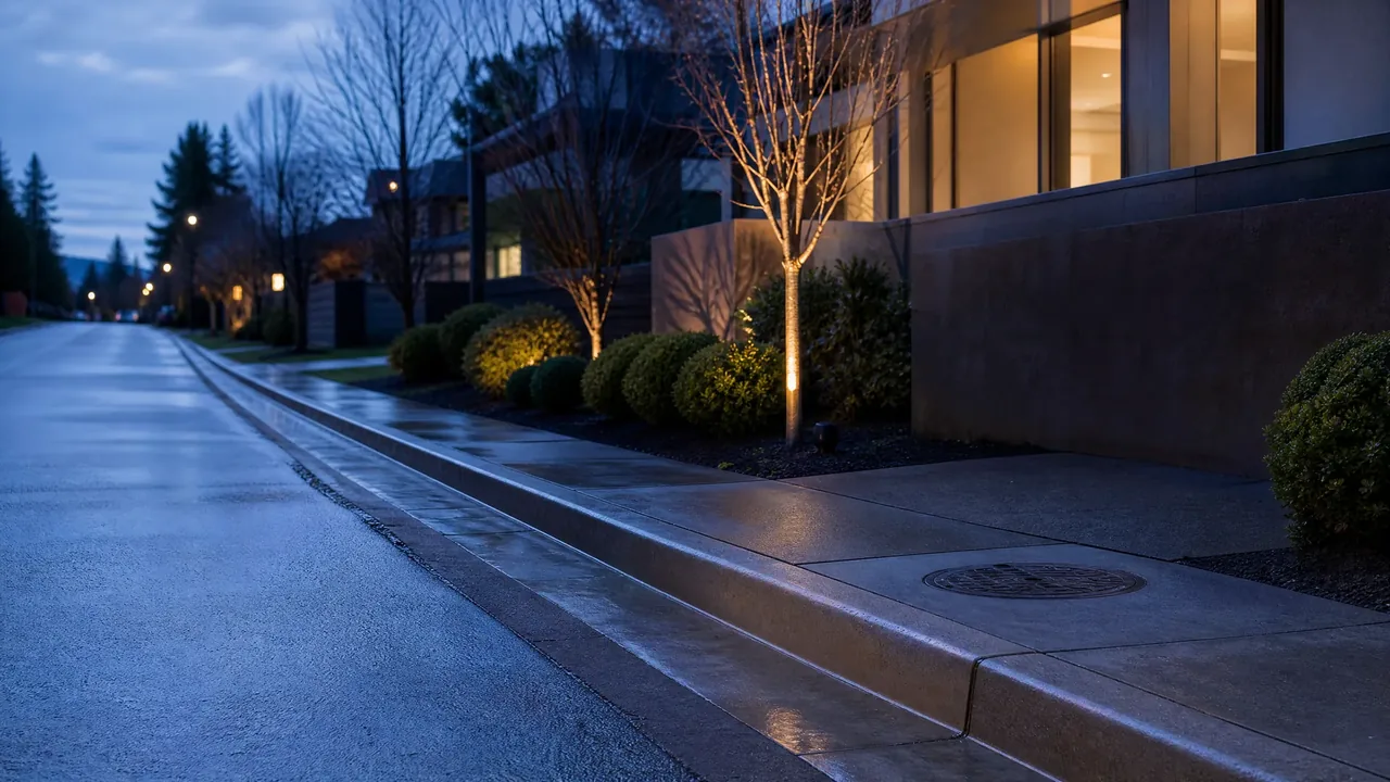 Blue-hour sidewalk with utility access and wet asphalt