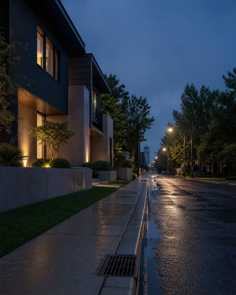 Residential street curb alignment at twilight