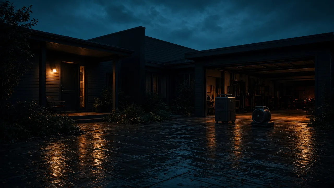 Nighttime residential driveway with drying equipment staged near an open garage