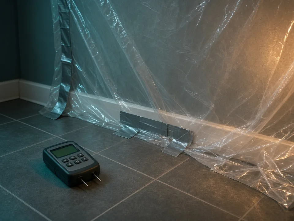 Moisture meter beside sealed containment plastic on tile