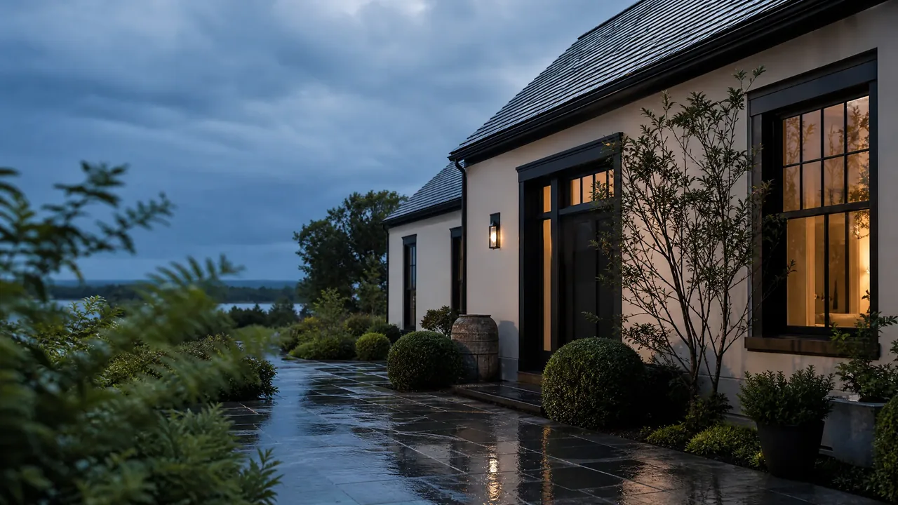 Rain-washed home facade at blue hour after weather clears
