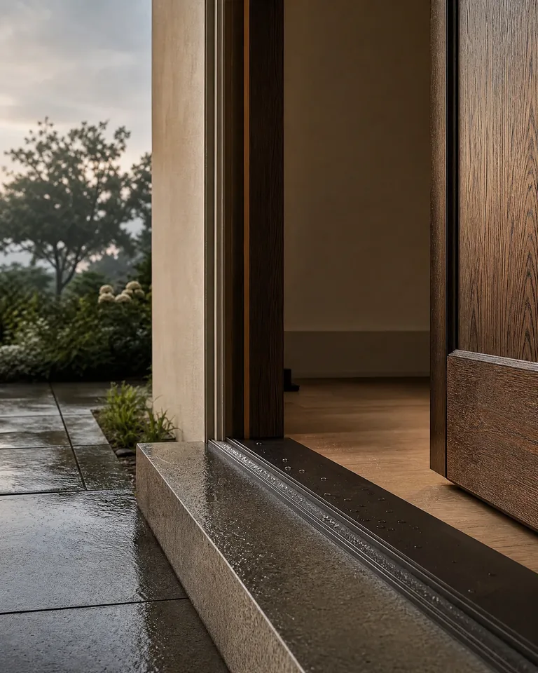 Rain-beaded threshold at a residential entry